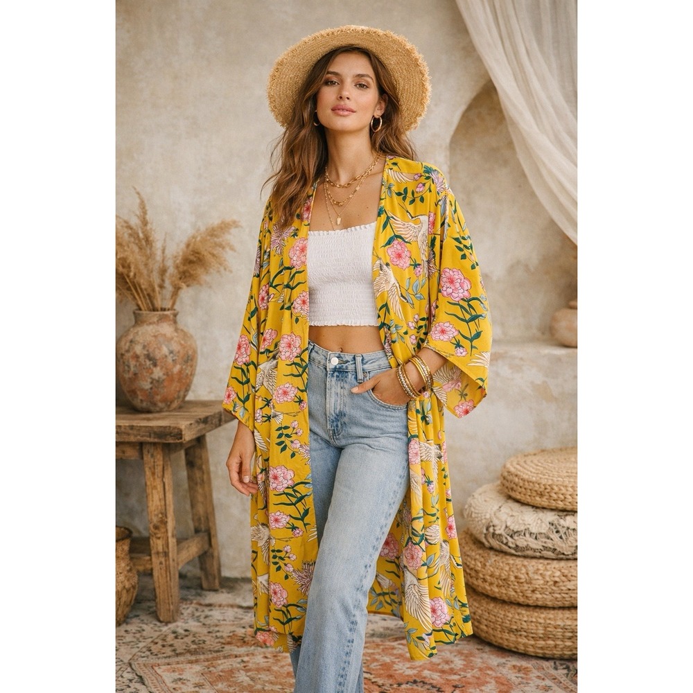 Band Of Gypsies Kimono Sz S Duster Bird Floral Print Oversized Cottage Boho